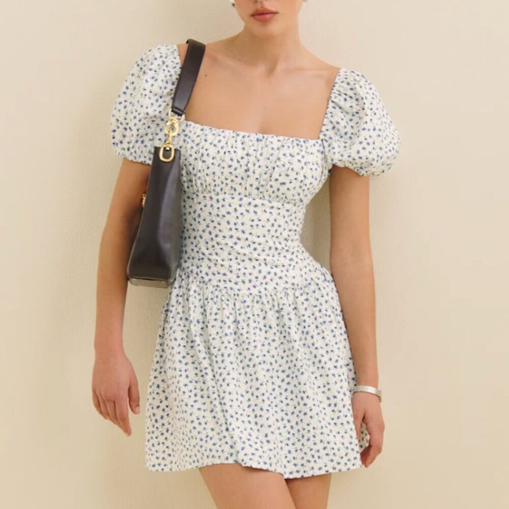 NEW Reformation Marielle Mini Dress Sz4 Hanna Blue White Floral Cotton French